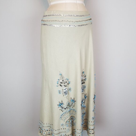 Carole Little Turquoise & Silver Beaded Sequin Midi Linen Skirt Ladies Size 6 - Picture 6 of 7